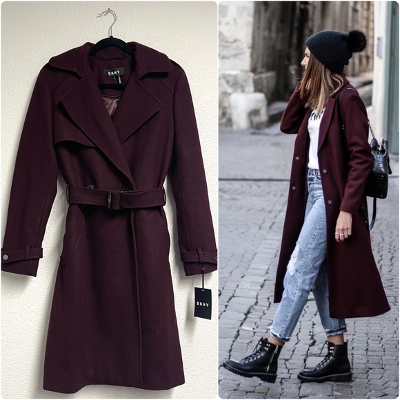 Dkny Jackets & Blazers - DKNY Wool Felt Belted Winter Trench Coat In Wine